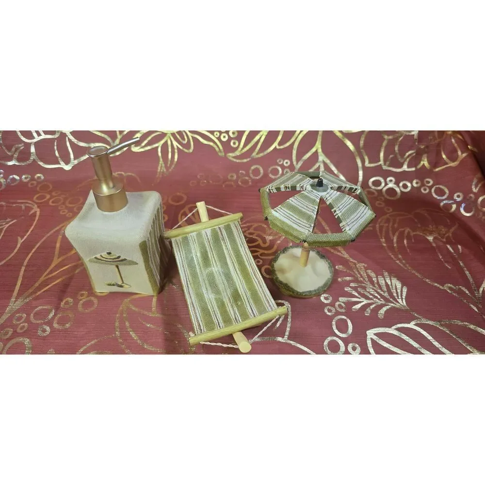 3 PC SET CROSCILL LADER HANDPAINTD SOAP DISPENSER+UMBRELLA TOOTHBRUSH HOLDER+BAR